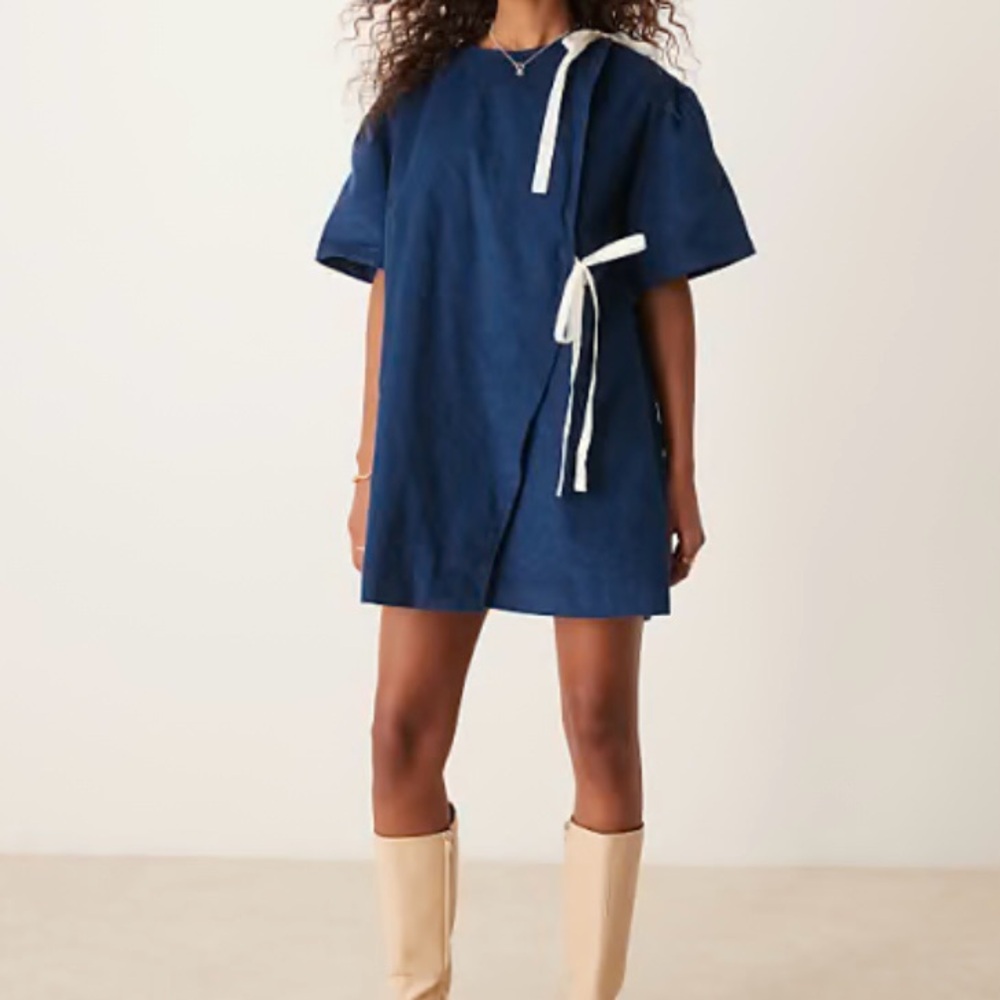Ghospel Asos Corduroy Bow Wrap Mini Dress Blue NWT M